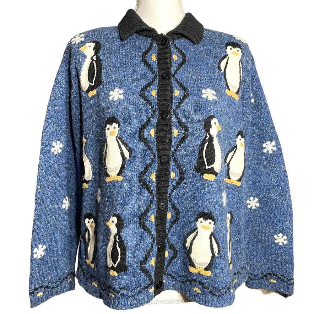 Wool Blend Penguin Cardigan L Sweater Embroidered Snowflake Christmas Collared